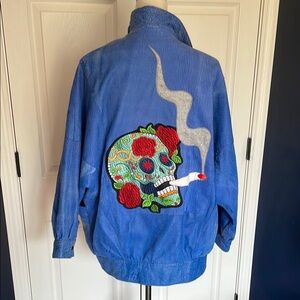 Vintage RARE Blue Leather Wrap Front Jacket Smoking Skull Embroidered Patch